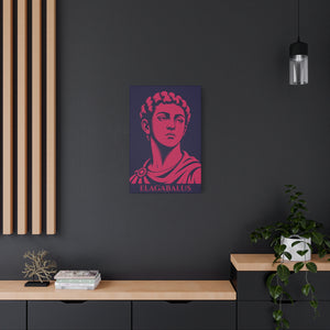 Canvas wall art with a bold illustration of Roman emperor Elagabalus on a dark wall with wooden shelves and plants.