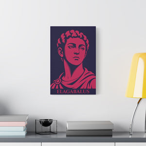 Canvas wall art with a bold illustration of Roman emperor Elagabalus on a white wall