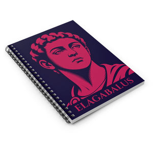 Spiral notebook with a bold illustration of Roman emperor Elagabalus on a white surface