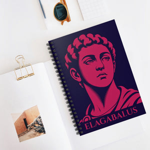 Spiral notebook with a bold illustration of Roman emperor Elagabalus on a white surface mockup