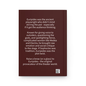 Hardcover journal with a bold illustration of Greek playwright Euripides with a bio on the back cover