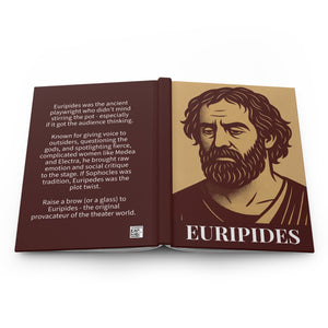 Hardcover journal with a bold illustration of Greek playwright Euripides on the front cover and a bio on the back cover
