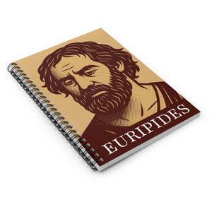 Spiral notebook with a bold illustration of Greek playwright Euripides on a flat surface