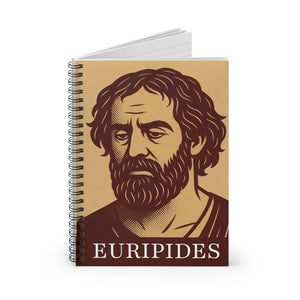 Spiral notebook with a bold illustration of Greek playwright Euripides opened