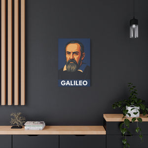 Canvas wall art with a bold illustration of astronomer Galileo Galilei on a dark wall with a modern interior setting