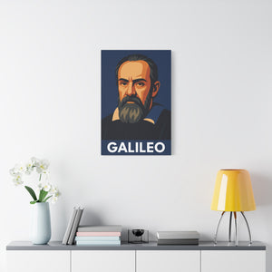 Canvas wall art with a bold illustration of astronomer Galileo Galilei on a wall above a shelf with decor items.