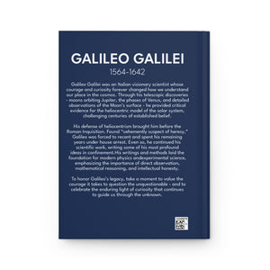 Hardcover journal with a bold illustration of astronomer Galileo Galilei with a bio on the back cover