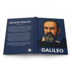Hardcover journal with a bold illustration of astronomer Galileo Galilei on the front cover and a bio on the back cover