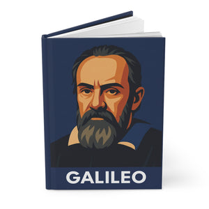 Hardcover journal with a bold illustration of astronomer Galileo Galilei opened