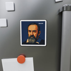 Vinyl magnet with a bold illustration of astronomer Galileo Galilei on a refrigerator