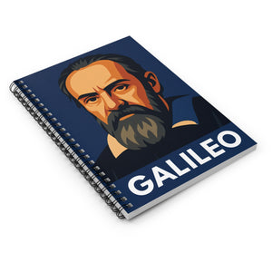 Spiral notebook with a bold illustration of astronomer Galileo Galilei lying flat on a white surface