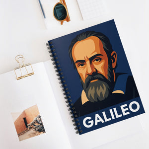 Spiral notebook with a bold illustration of astronomer Galileo Galilei on a white surface