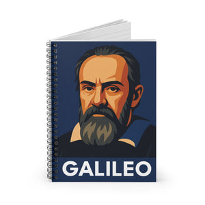 Spiral notebook with a bold illustration of astronomer Galileo Galilei opened