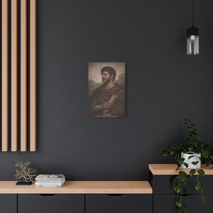 Canvas wall art with a beautiful, original illustration of Roman emperor Hadrian on a dark wall above a wooden shelf with decor items.