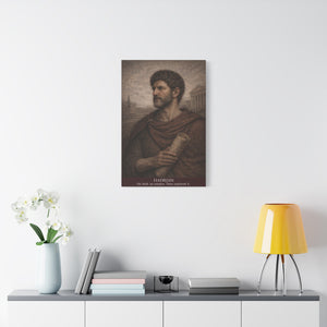 Canvas wall art with a beautiful, original illustration of Roman emperor Hadrian on a wall above a table with decor items.
