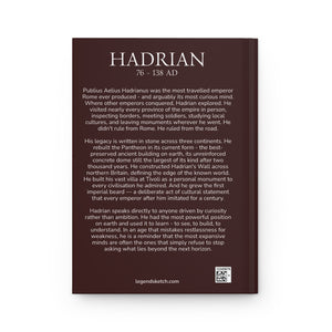 Hardcover journal with a beautiful, original illustration of Roman emperor Hadrian with a bio on the back cover