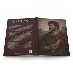 Hardcover journal with a beautiful, original illustration of Roman emperor Hadrian on the front cover and a bio on the back cover