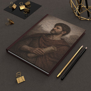 Hardcover journal with a beautiful, original illustration of Roman emperor Hadrian on a dark surface