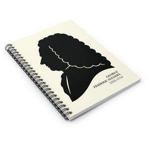 Spiral notebook with a black on ivory silhouette illustration of musician George Frideric Handel on a white background