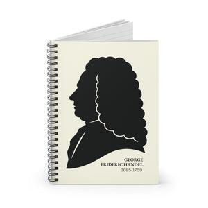 Spiral notebook with a black on ivory silhouette illustration of musician George Frideric Handel open view