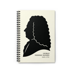 Spiral notebook with a black on ivory silhouette illustration of musician George Frideric Handel