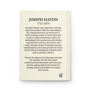 Hardcover journal with a black on ivory silhouette illustration of musician Joseph Haydn and a biography on the back cover