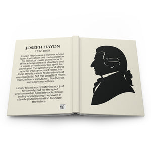 Hardcover journal with a black on ivory silhouette illustration of musician Joseph Haydn on the front cover and a bio on the back cover