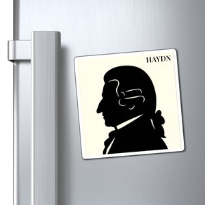 Vinyl magnet with a black on ivory silhouette illustration of musician Joseph Haydn on a refrigerator