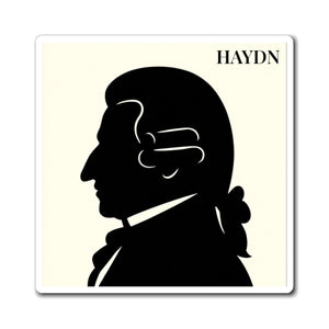 Vinyl magnet with a black on ivory silhouette illustration of musician Joseph Haydn