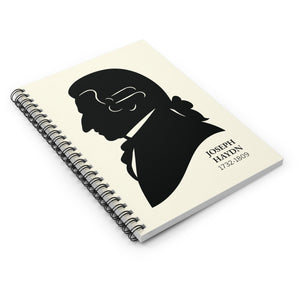 Spiral notebook with a black on ivory silhouette illustration of musician Joseph Haydn on a white background
