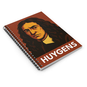 Spiral journal with a bold illustration of astronomer Christiaan Huygens flat on a white surface