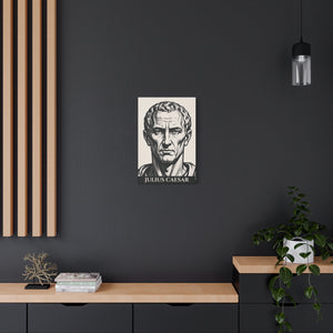 Canvas wall art with a bold illustration of Roman general and consul Julius Caesar on a dark wall with wooden shelves and decor.