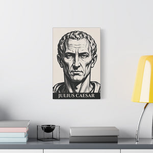 Canvas wall art with a bold illustration of Roman general and consul Julius Caesar on a white wall