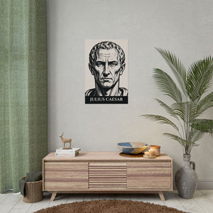 Fine art poster with a bold illustration of Roman general and consul Julius Caesar on the wall above a wooden cabinet.
