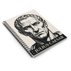 Spiral notebook with a bold illustration of Roman general and consul Julius Caesar on a white surface