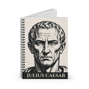 Spiral notebook with a bold illustration of Roman general and consul Julius Caesar open view