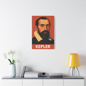 Canvas wall art with a bold illustration of astronomer Johannes Kepler on a wall above a shelf with decor items.