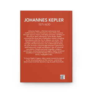 Hardcover journal with a bold illustration of astronomer Johannes Kepler with a bio on the back cover