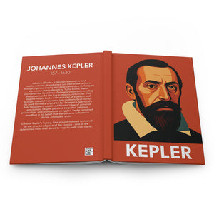 Hardcover journal with a bold illustration of astronomer Johannes Kepler on the front cover and a bio on the back cover