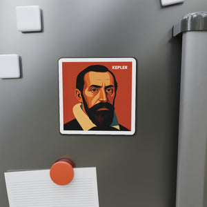 Vinyl magnet with a bold illustration of astronomer Johannes Kepler on a refrigerator