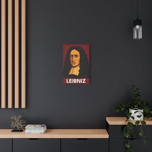 Canvas wall art with a bold illustration of mathematician Gottfried Leibniz on a dark wall above a shelf