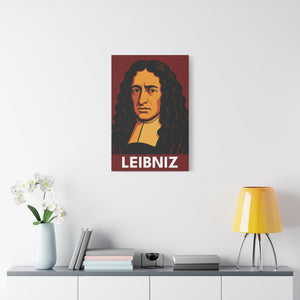 Canvas wall art with a bold illustration of mathematician Gottfried Leibniz on a wall above a table with decor items.