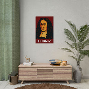 Fine art poster with a bold illustration of mathematician Gottfried Leibniz on a wall in modern interior