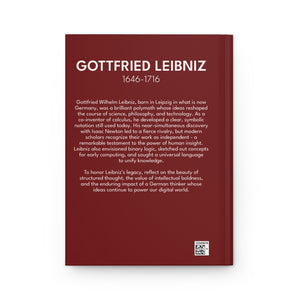 Hardcover journal with a bold illustration of mathematician Gottfried Leibniz with a bio on the back cover