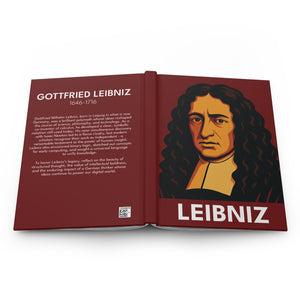 Hardcover journal with a bold illustration of mathematician Gottfried Leibniz on the front and bio on the back cover