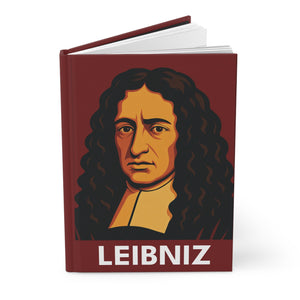 Hardcover journal with a bold illustration of mathematician Gottfried Leibniz opened