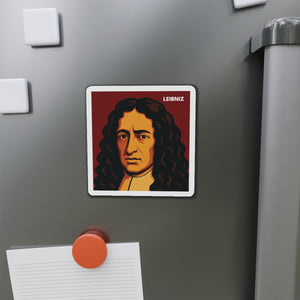 Vinyl magnet with a bold illustration of mathematician Gottfried Leibniz on a refrigerator