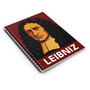 Spiral notebook with a bold illustration of mathematician Gottfried Leibniz lying flat on a white surface