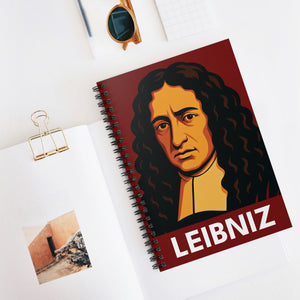 Spiral notebook with a bold illustration of mathematician Gottfried Leibniz on a white surface