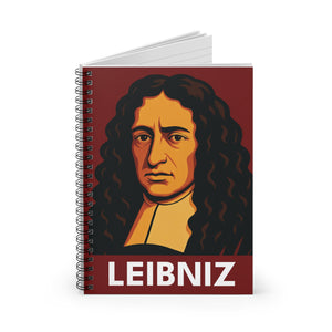 Spiral notebook with a bold illustration of mathematician Gottfried Leibniz opened